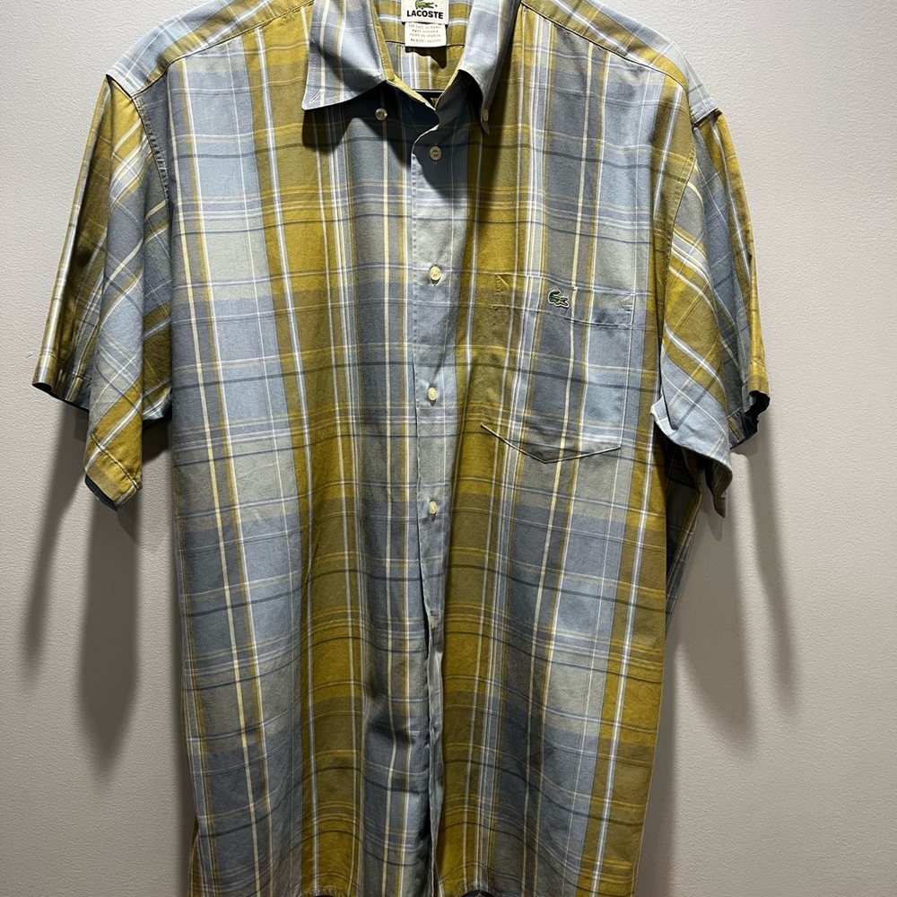 Men's Green/Blue LACOSTE Button up Shirt. Made and Designed in France.Size 42= L